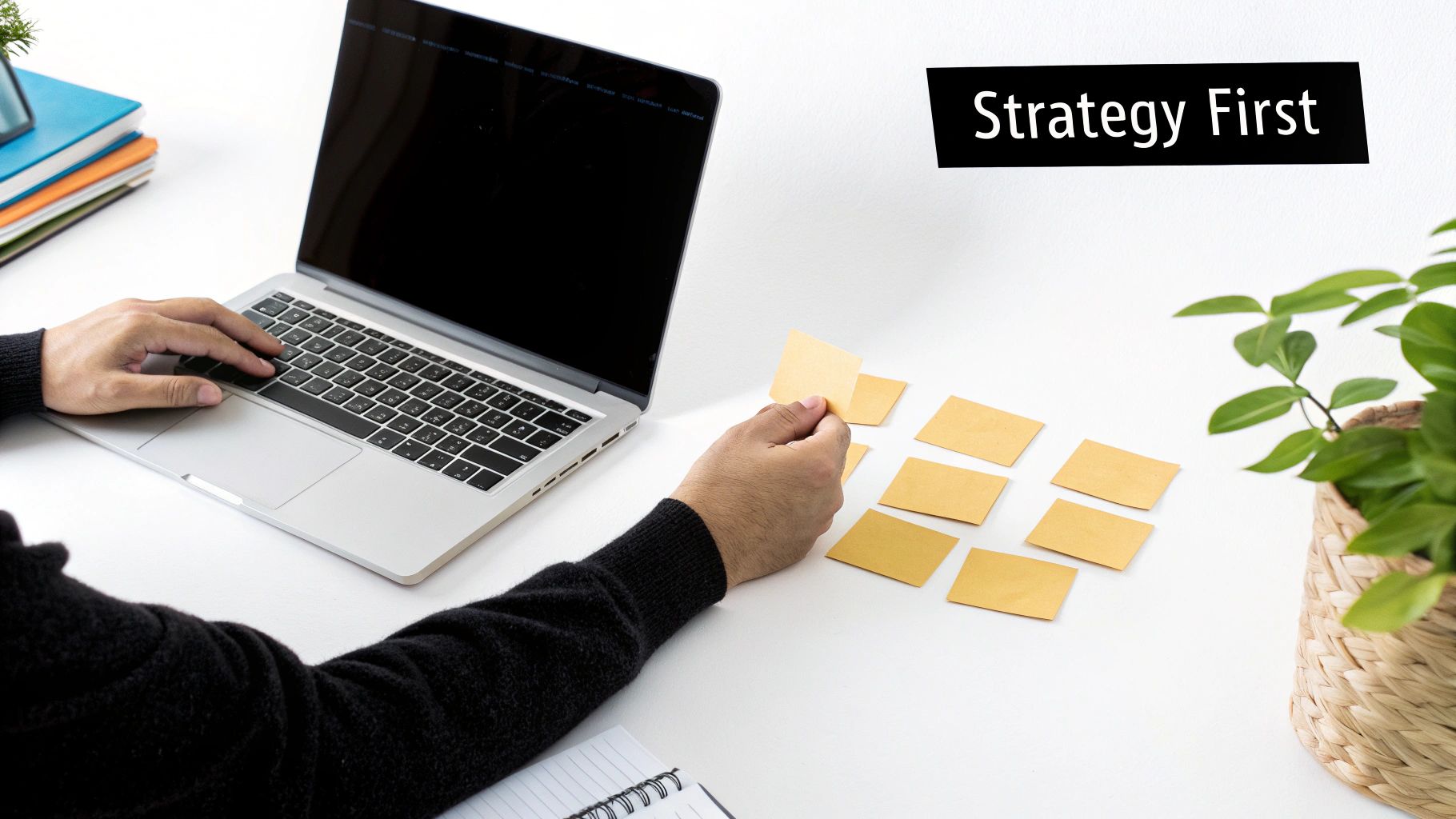 Person planning strategy, working on a laptop and arranging brown cards on a white desk with 'Strategy First' text.
