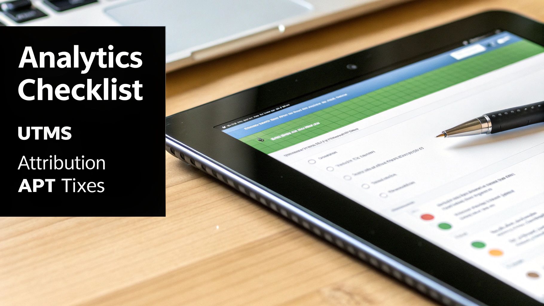 A tablet displaying an 'Analytics Checklist' with 'UTMS', 'Attribution', 'APT Tixes' and a pen.