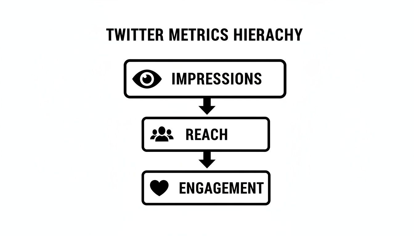 A black and white diagram illustrating the Twitter metrics hierarchy: Impressions, Reach, and Engagement.