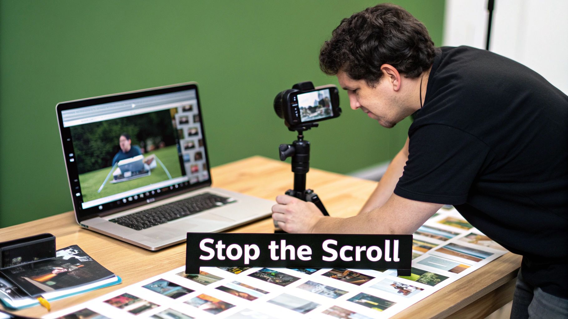 A man in a black shirt reviews content on a smartphone, laptop, and printed photos, with a 'Stop the Scroll' sign.