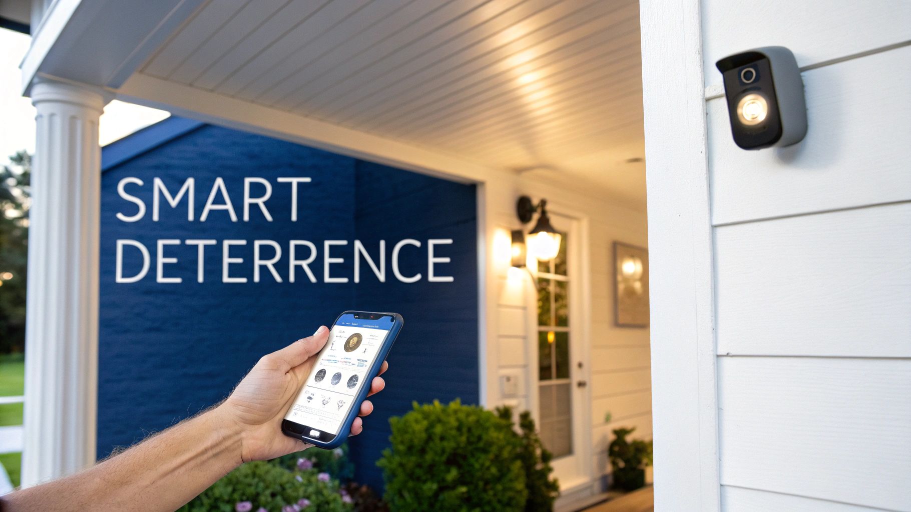 A homeowner uses a smartphone to view their security camera feed