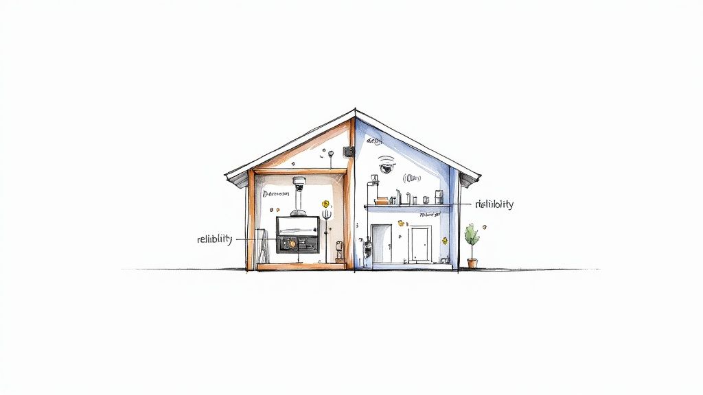 A modern home with icons representing wired and wireless security system features overlaid, illustrating the choice between the two.