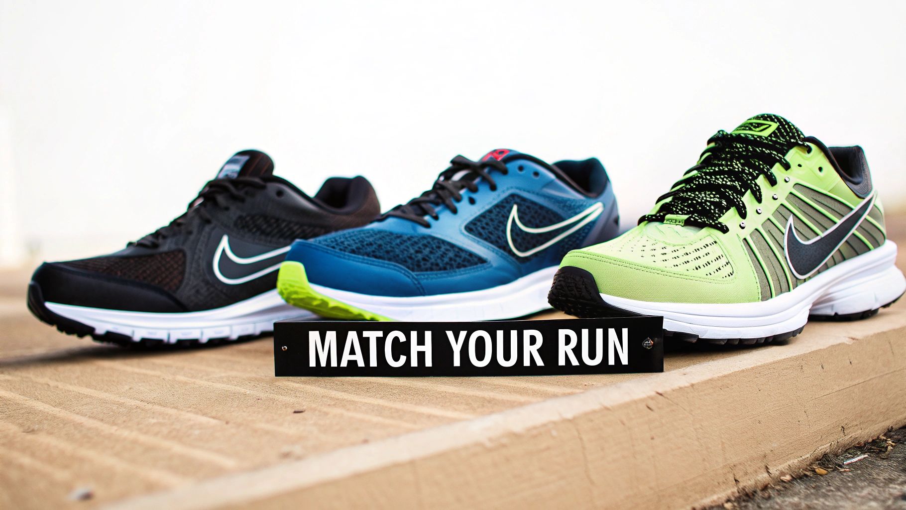 Three colorful Nike running sneakers in black, blue, and lime green with a 'MATCH YOUR RUN' sign.