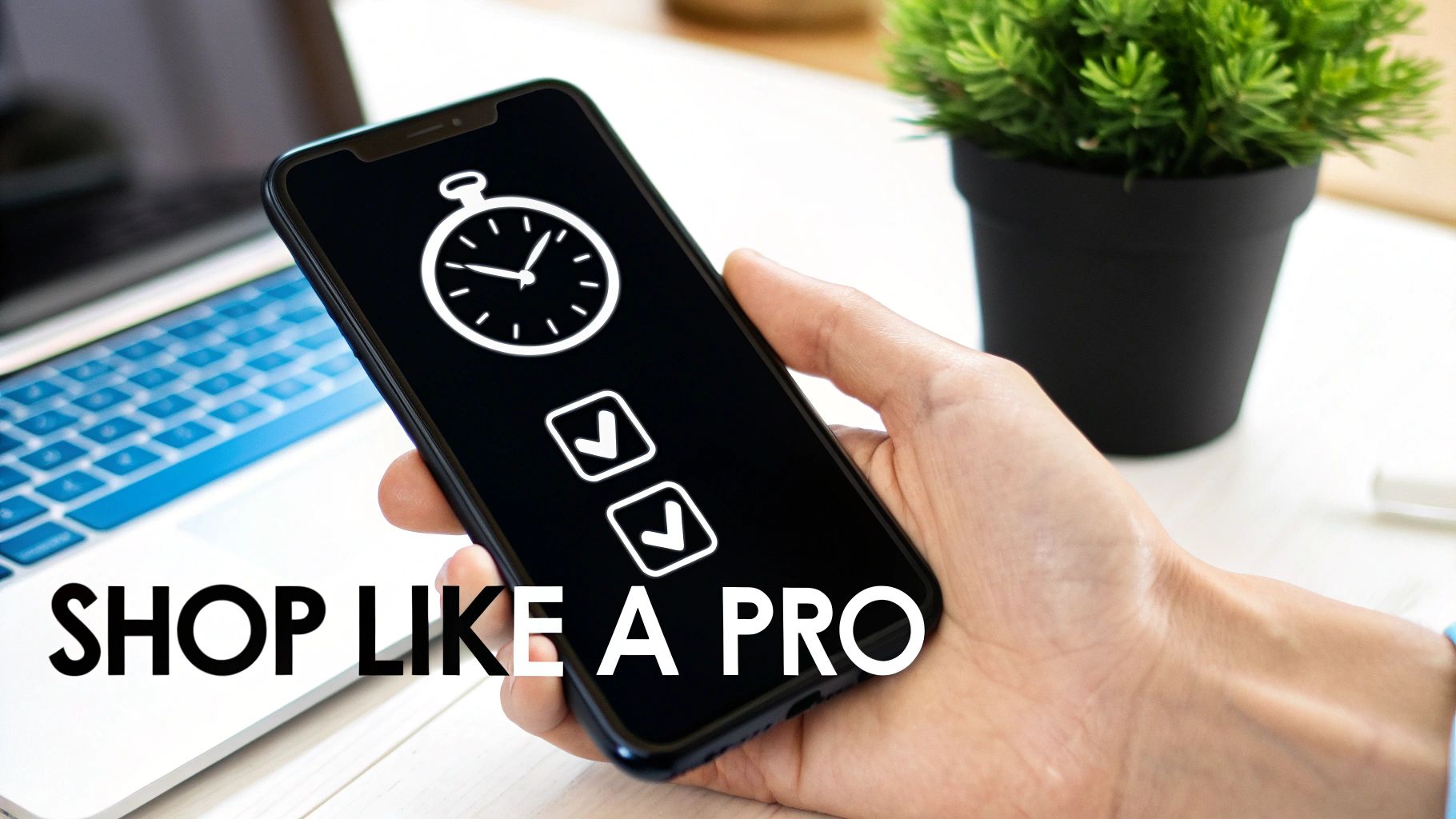 A hand holds a smartphone displaying a stopwatch and two checkmarks, with 'SHOP LIKE A PRO' text.