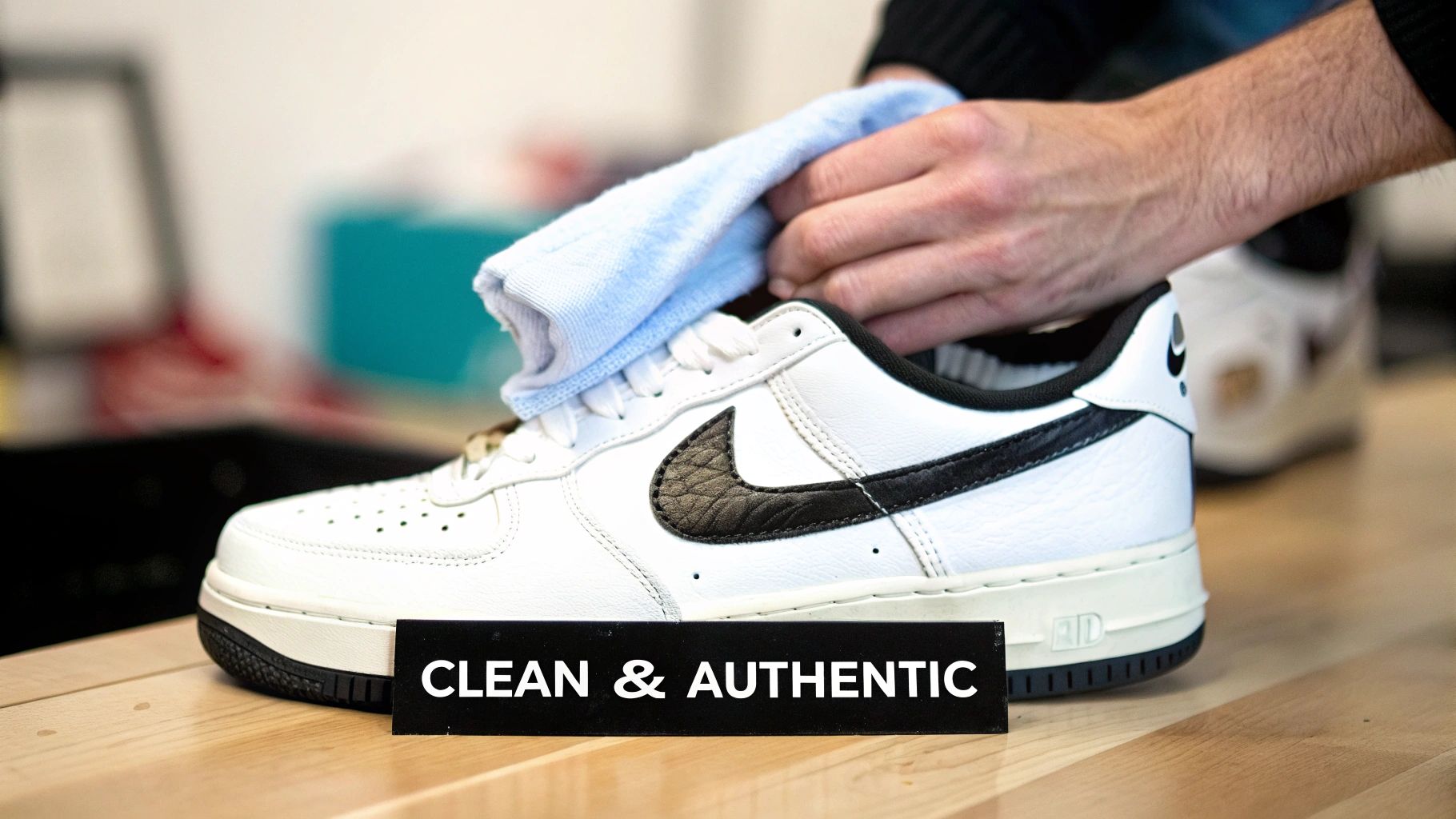 A person's hands gently cleaning a white Nike Air Force 1 sneaker with a blue cloth.