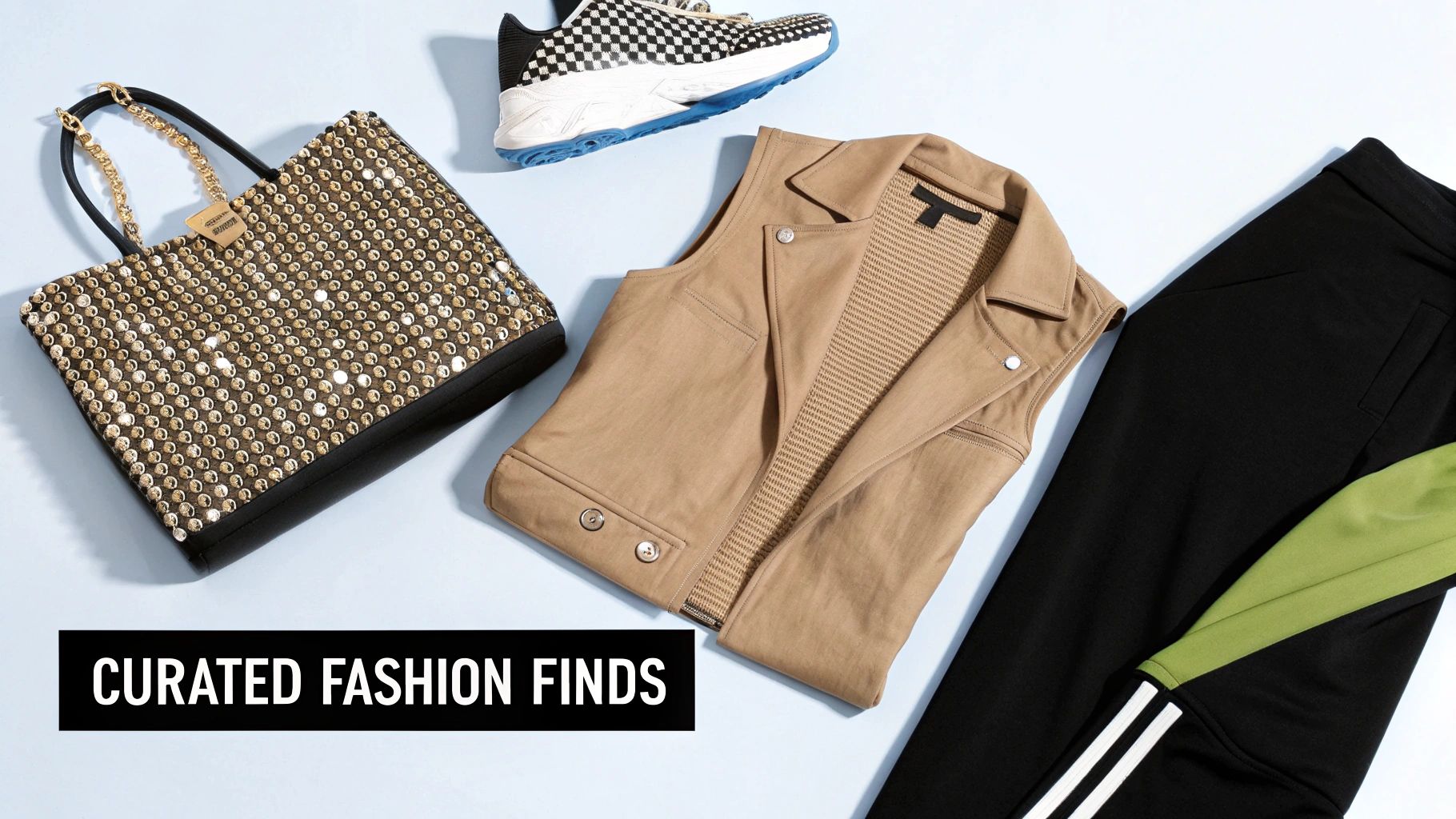 A flat lay of stylish fashion accessories and clothing, including a sequined bag, sneakers, and a vest.