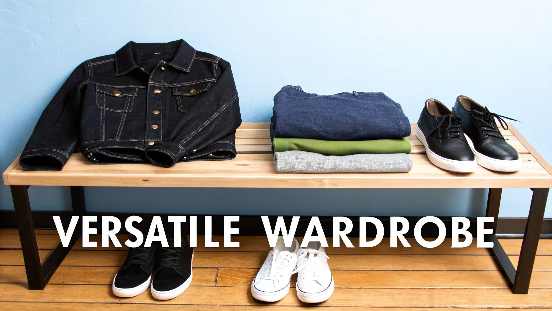 A versatile men's wardrobe featuring a dark denim jacket, folded clothes, and various shoes.