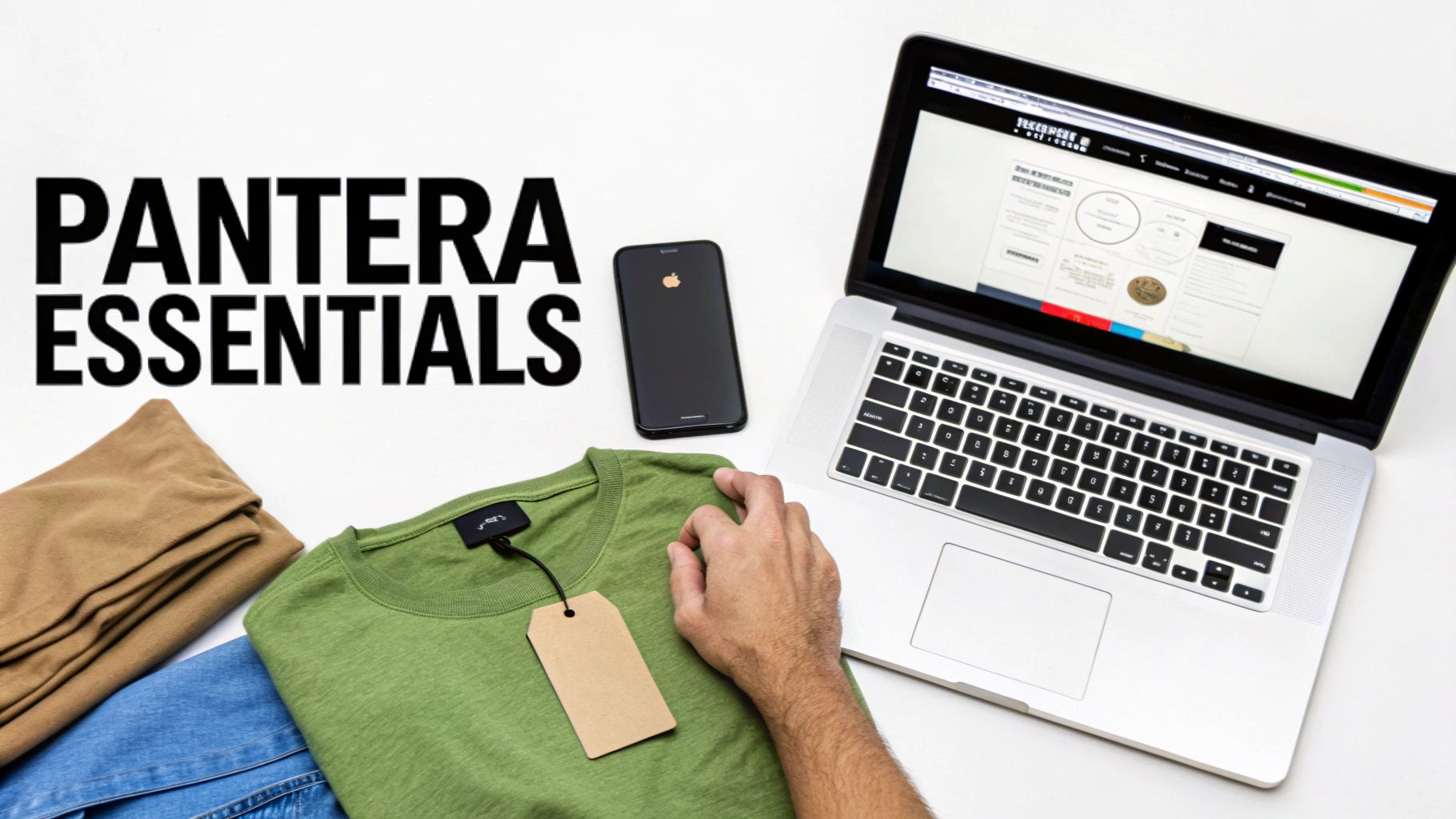 Overhead shot of men's clothing essentials, including a green shirt, jeans, a laptop, and a smartphone.