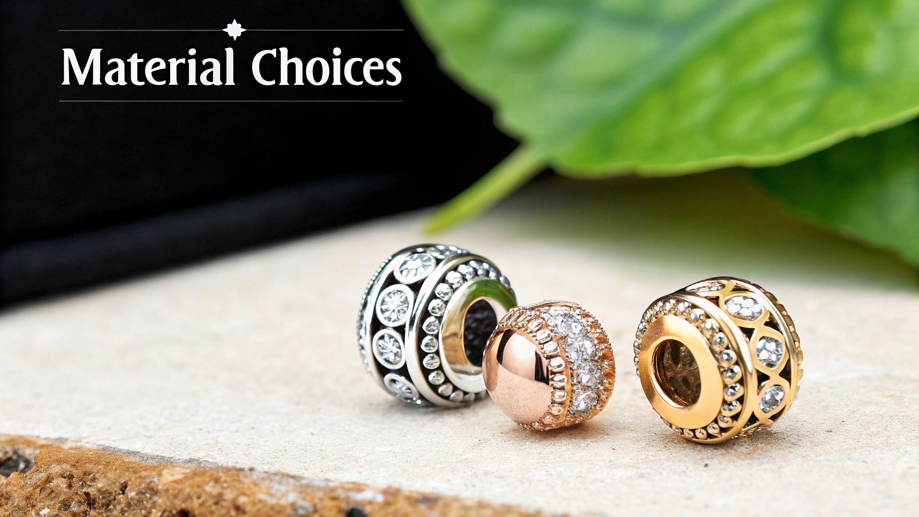 Three ornate metal charms in silver, rose gold, and gold, adorned with sparkling stones.