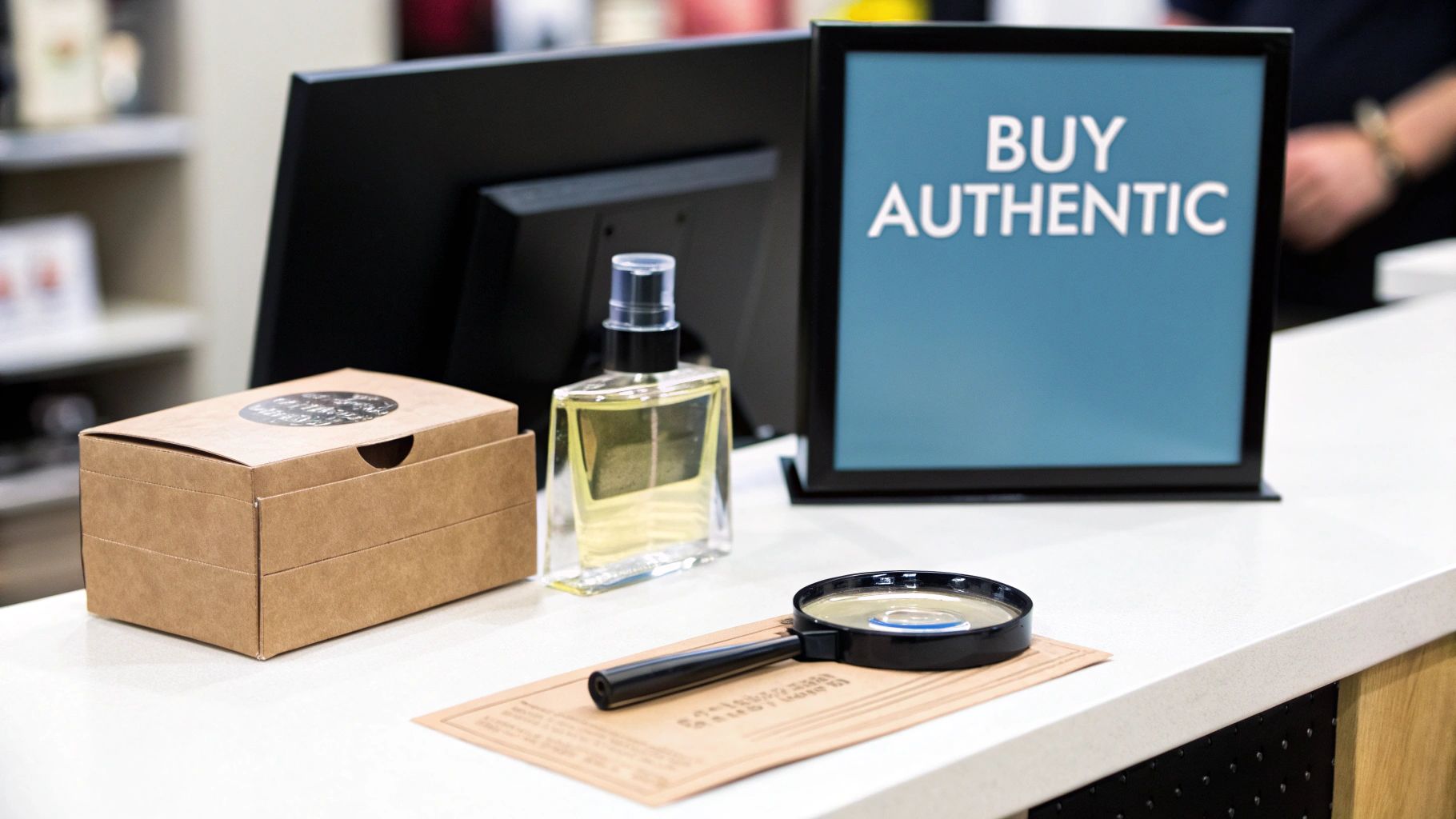 Retail counter with a perfume bottle, cardboard box, magnifying glass, and 'Buy Authentic' sign.