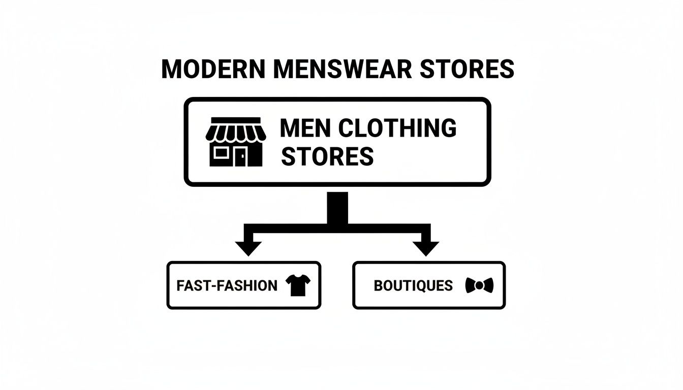 A diagram illustrating modern men's clothing store types, specifically fast-fashion and boutiques.