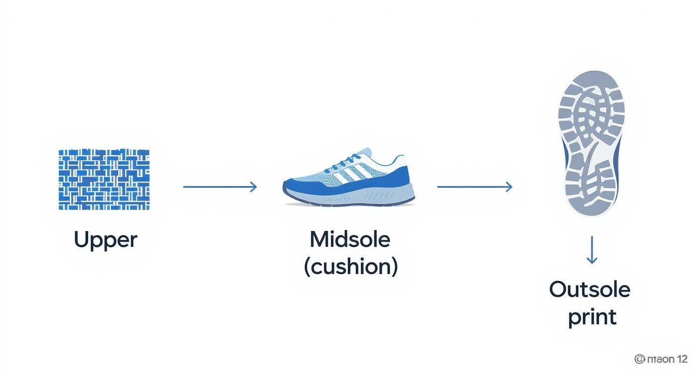 Diagram illustrating sneaker components: textured upper, blue midsole (cushion), and detailed outsole print.