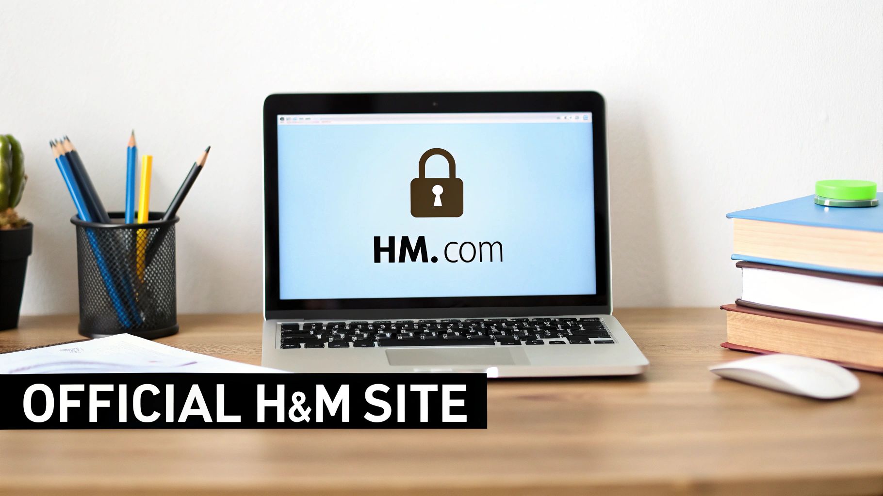 A laptop on a wooden desk displays the official H&M.com website with a security padlock icon.