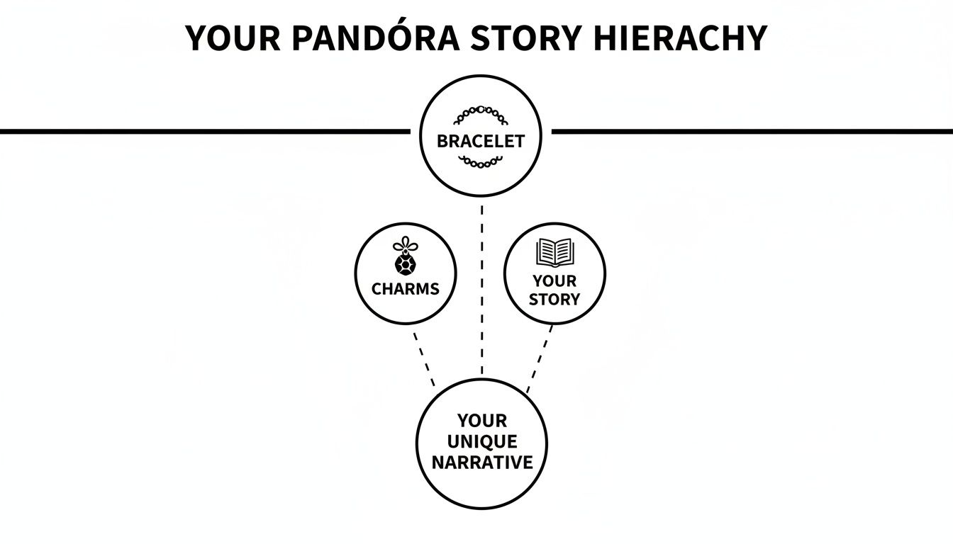 A diagram illustrates the Pandora story hierarchy: Bracelet, Charms, and Your Story, forming Your Unique Narrative.