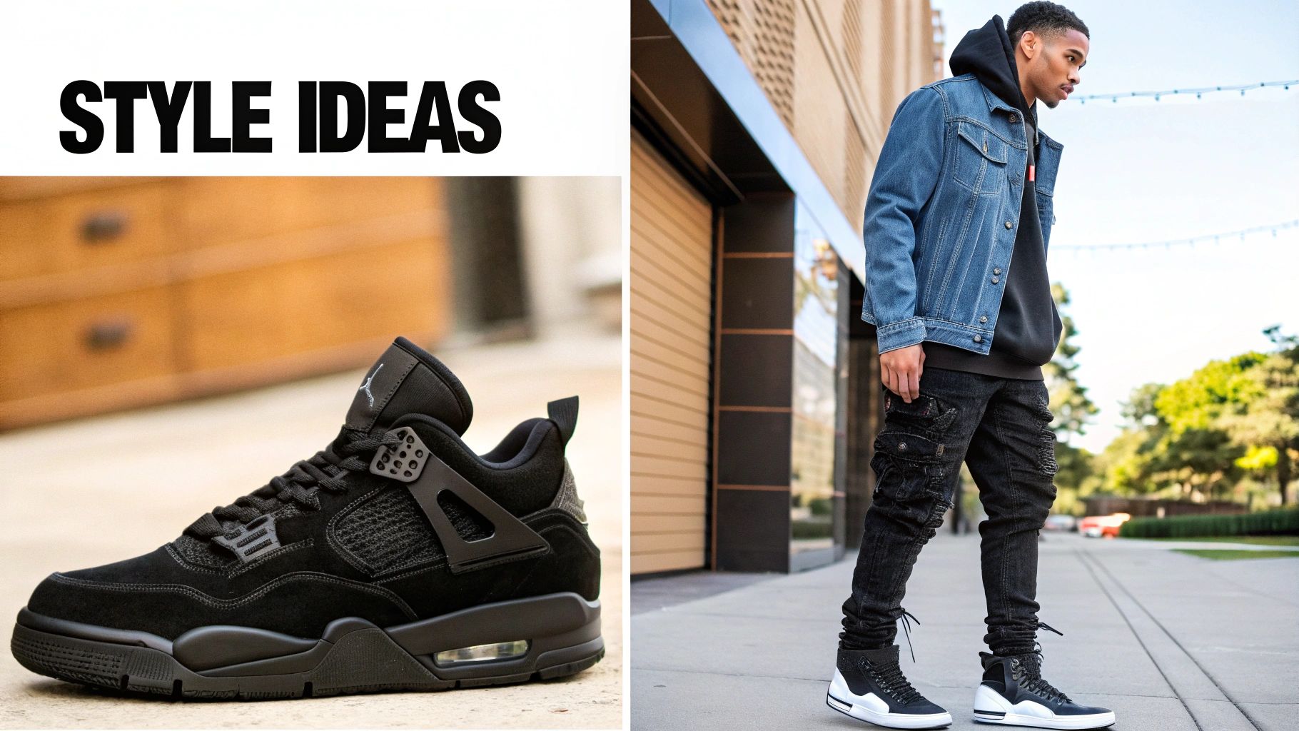 A black Air Jordan 4 sneaker next to a man wearing a denim jacket and black outfit.