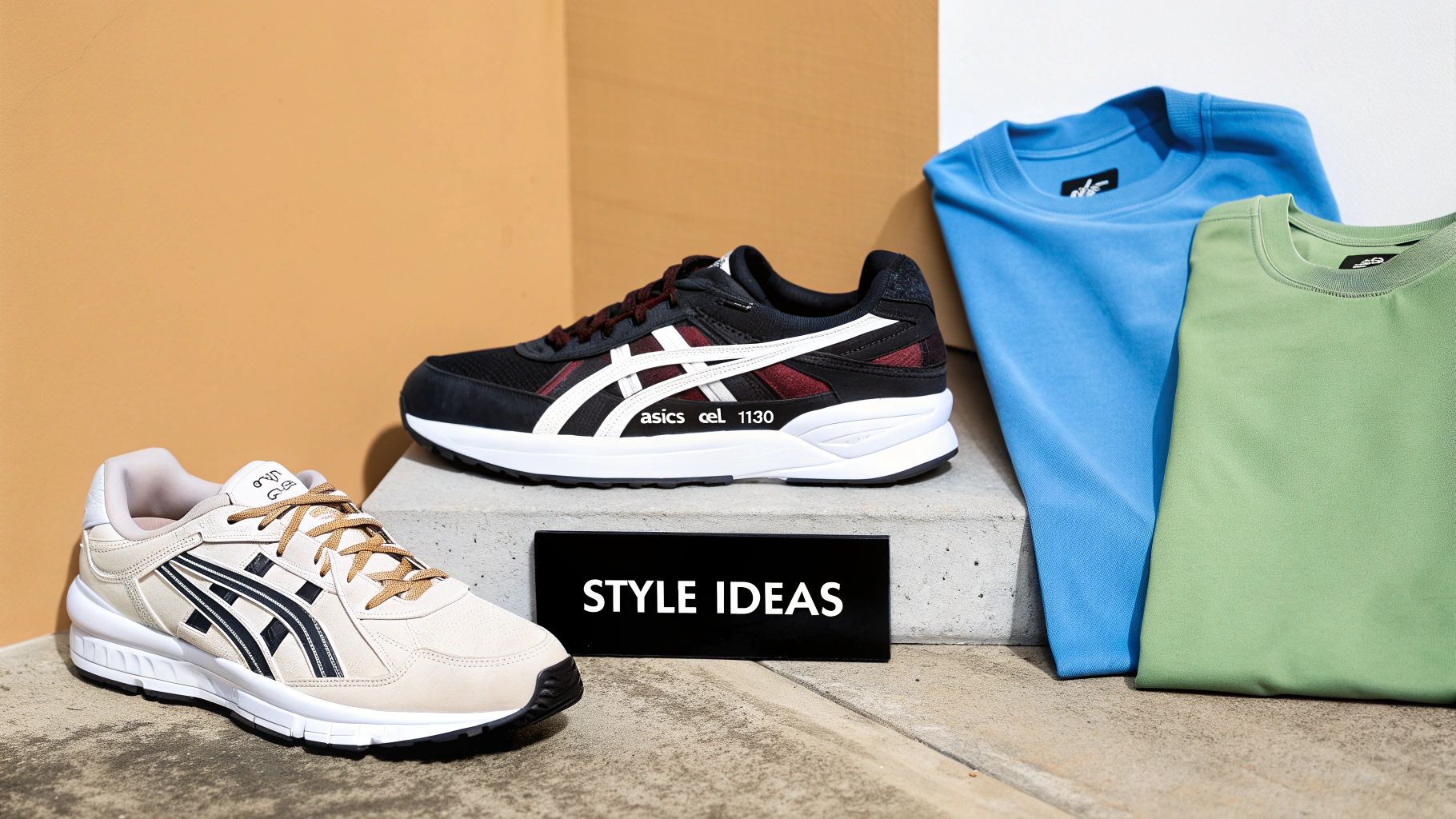 Two pairs of Asics sneakers, one black and one beige, alongside folded blue and green t-shirts with a 'STYLE IDEAS' sign.