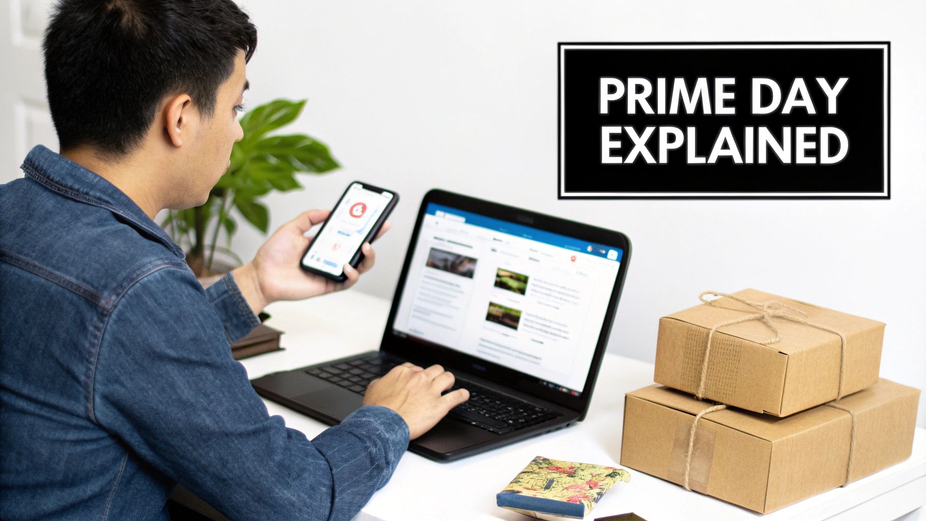 A person uses a laptop and smartphone for online shopping, with delivery boxes and a 'Prime Day Explained' sign.