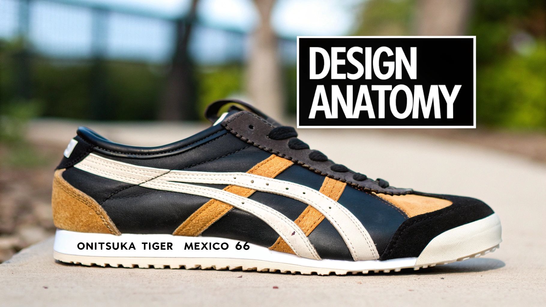 A stylish Onitsuka Tiger Mexico 66 sneaker in black, tan, and white sits on concrete.