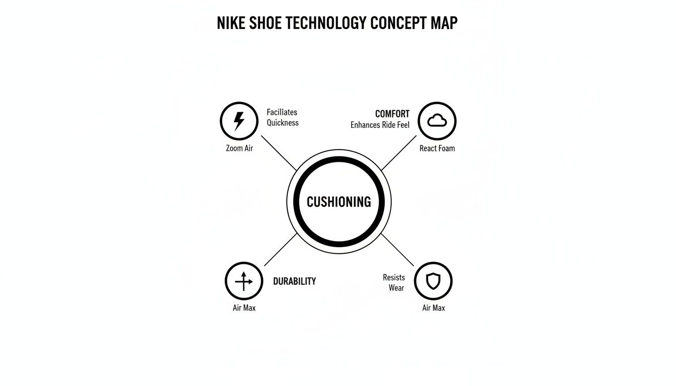 Nike shoe technology concept map illustrating cushioning, quickness, comfort, and durability features like Zoom Air and React Foam.