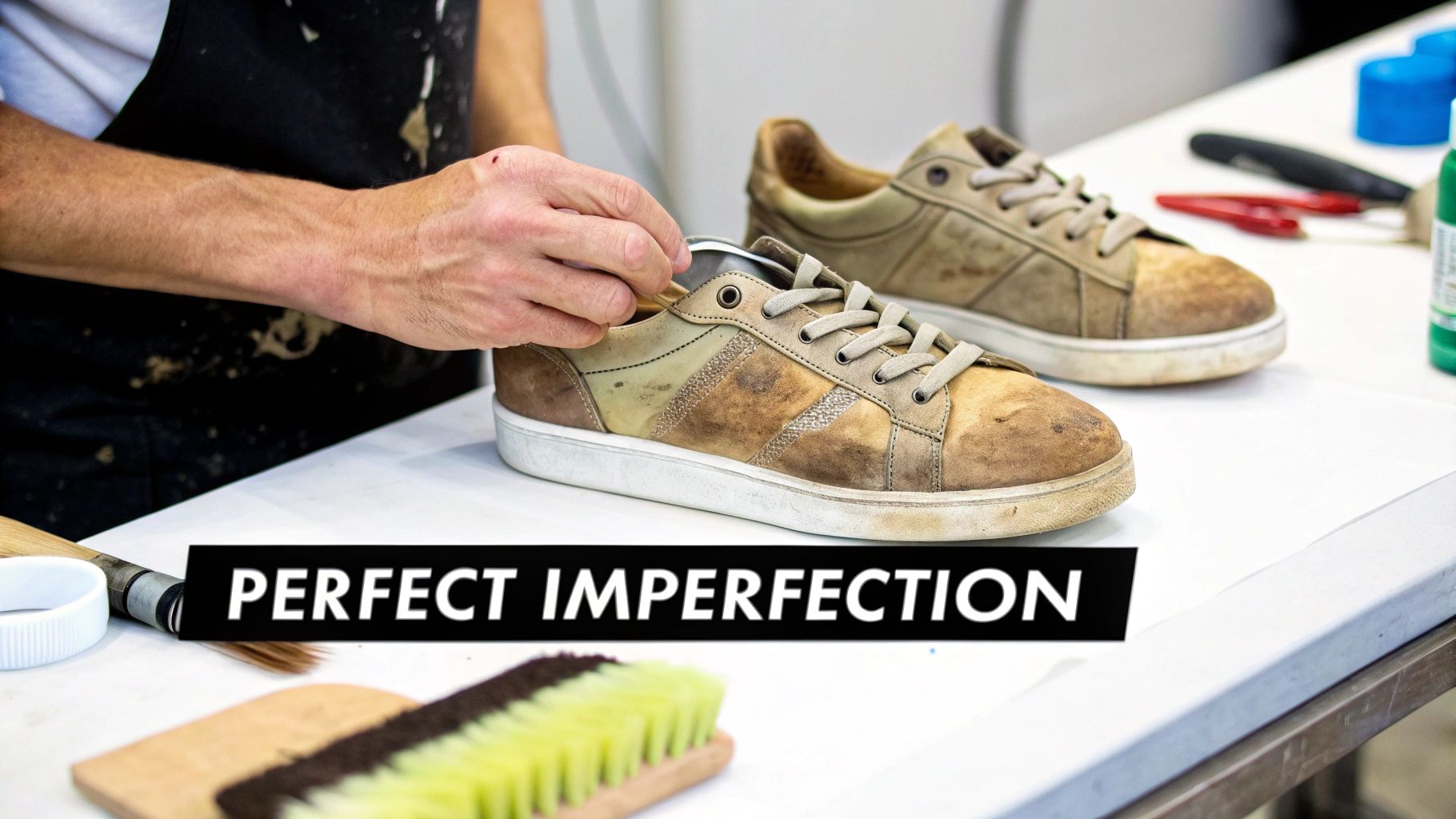 A person's hands working on distressed-style sneakers, emphasizing a perfect imperfection aesthetic.