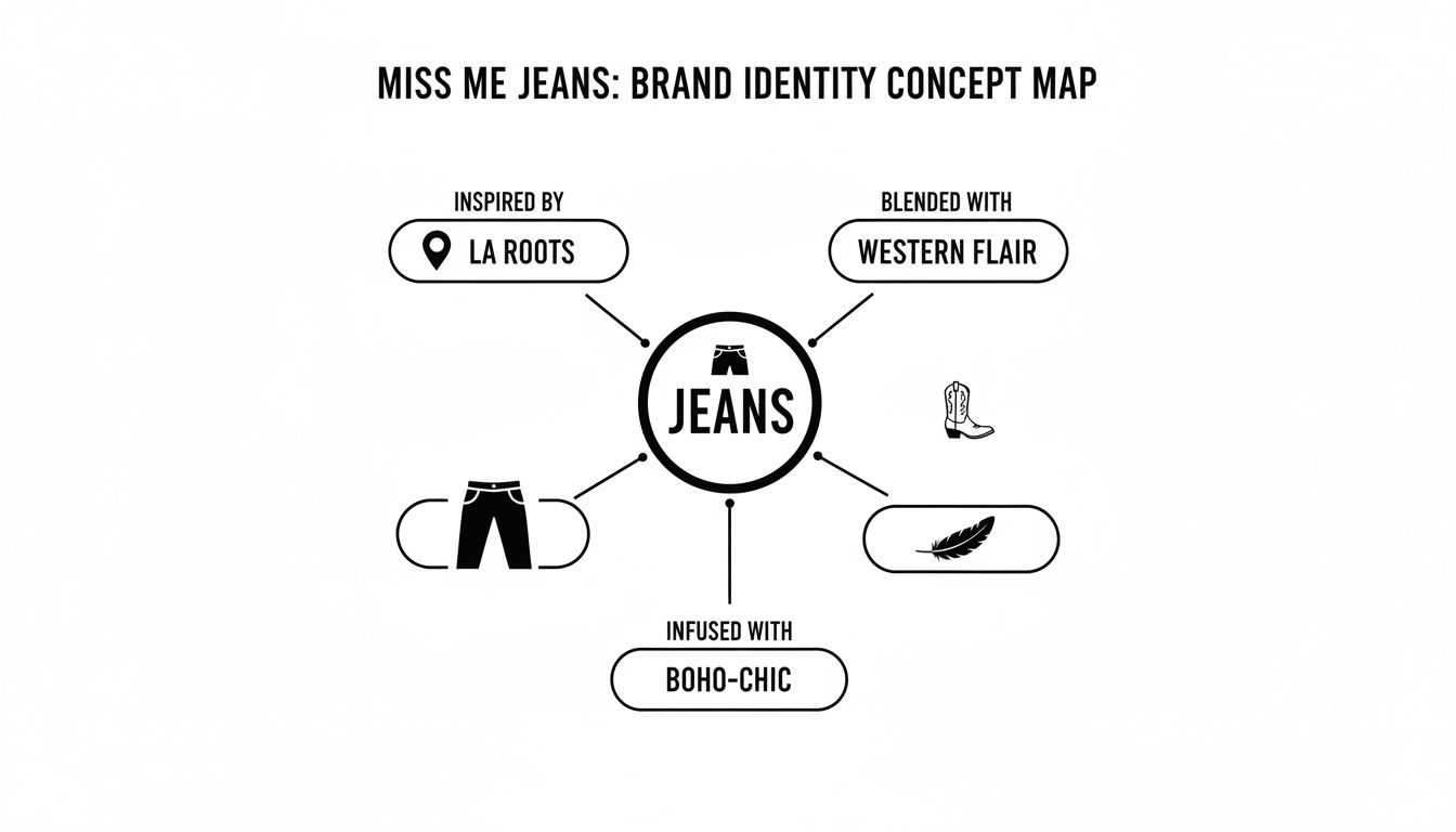 Miss Me Jeans brand identity concept map illustrating influences from LA roots, western flair, and boho-chic.