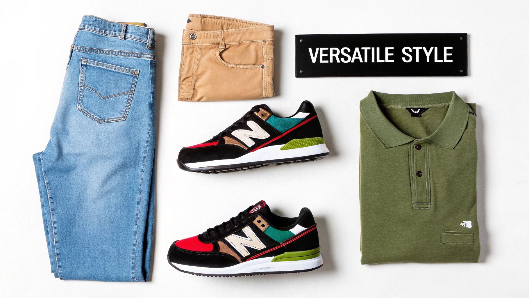A flat lay of men's casual clothing: light blue jeans, beige chinos, green polo shirt, and two pairs of colorful New Balance sneakers, highlighting versatile style.