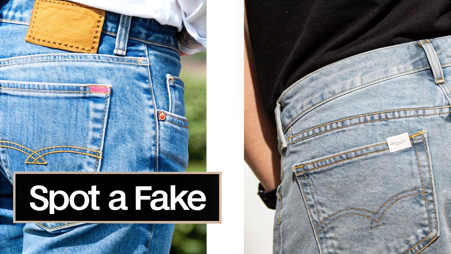 Two pairs of denim jeans viewed from behind, highlighting back pocket details, labels, and stitching for authenticity.