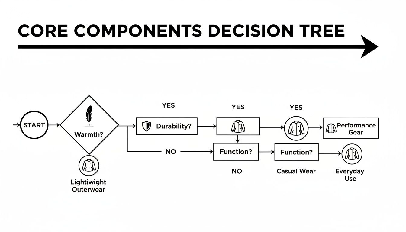 A core components decision tree flowchart showing how to select outerwear based on warmth, durability, and function.