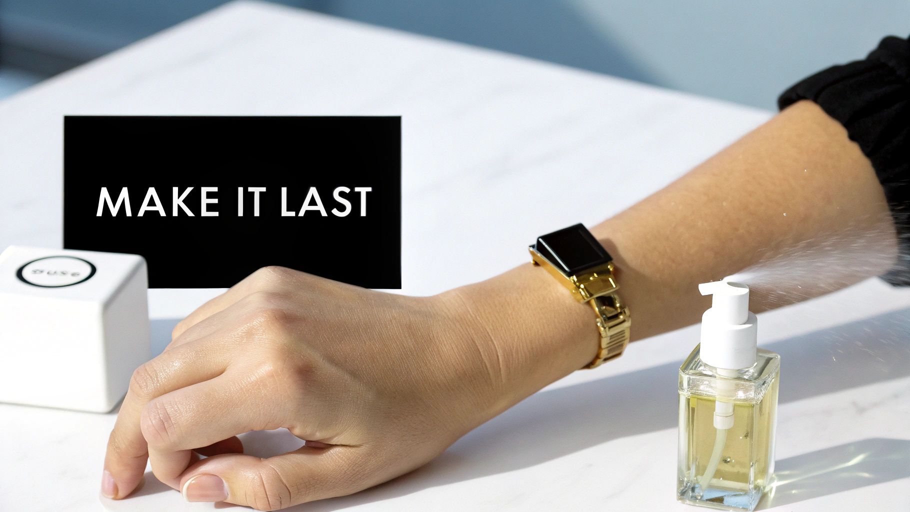 A person's arm is sprayed with a fragrance from a pump bottle, with 'MAKE IT LAST' text visible.