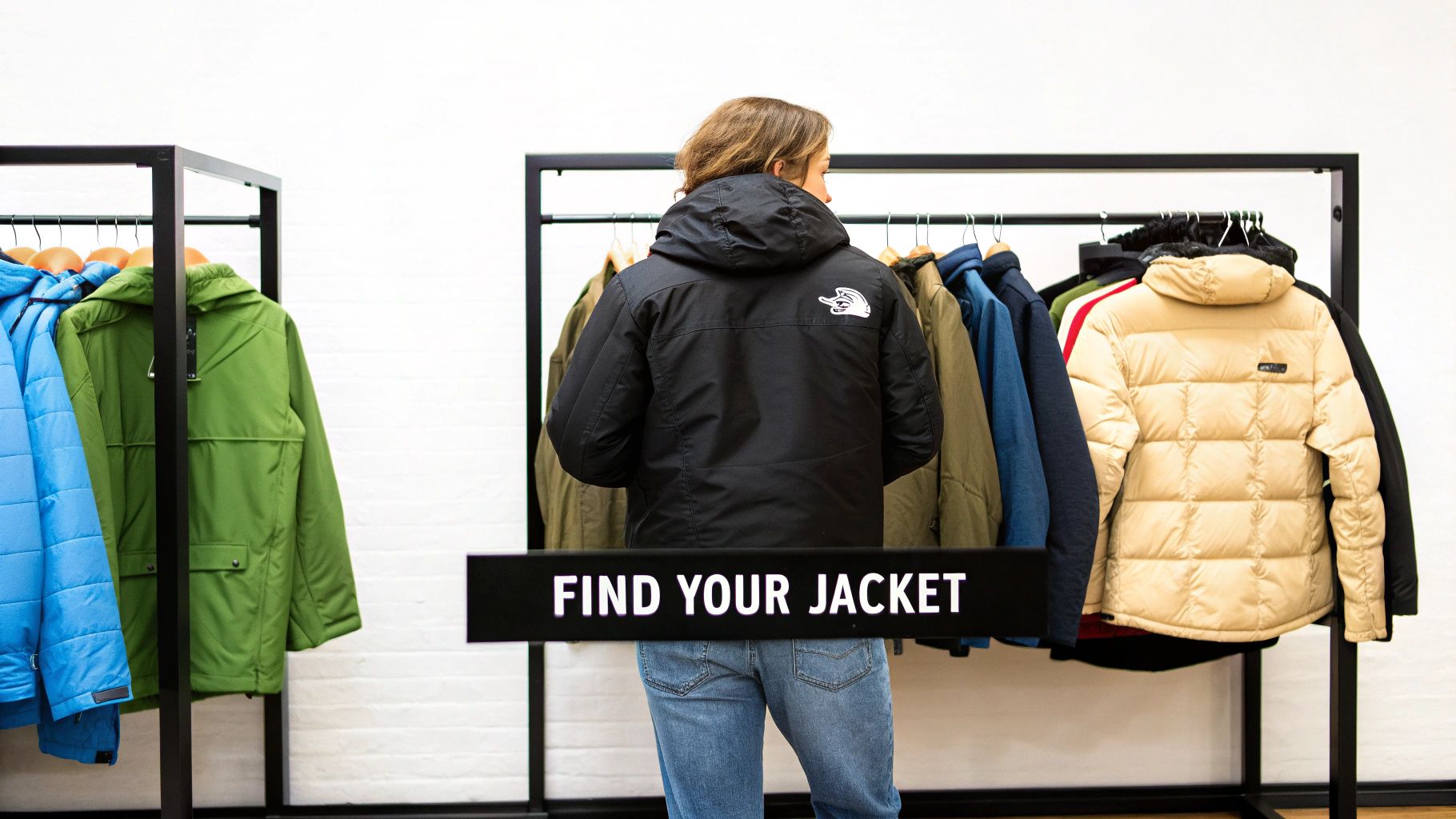 Person in a black jacket with a logo, looking at various colorful jackets on a clothes rack in a store.
