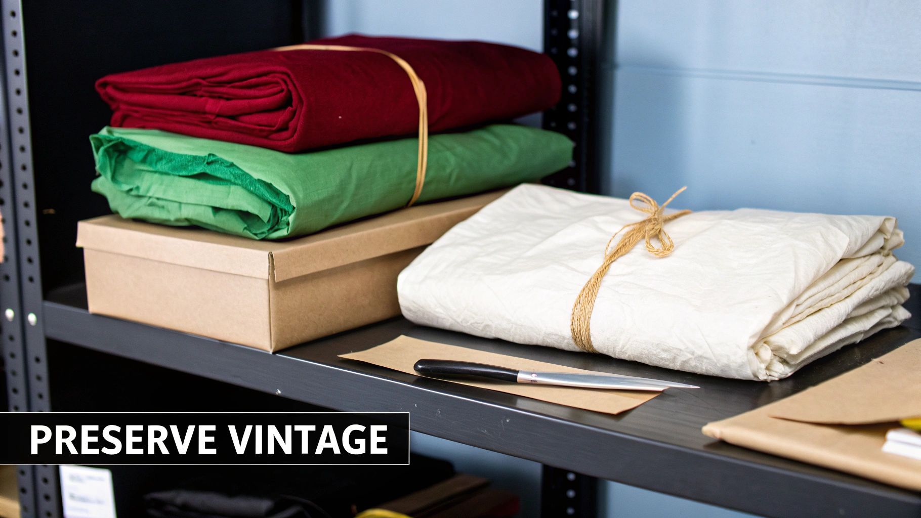 Vintage textiles, including red, green, and cream fabrics, neatly folded and tied on a shelf.