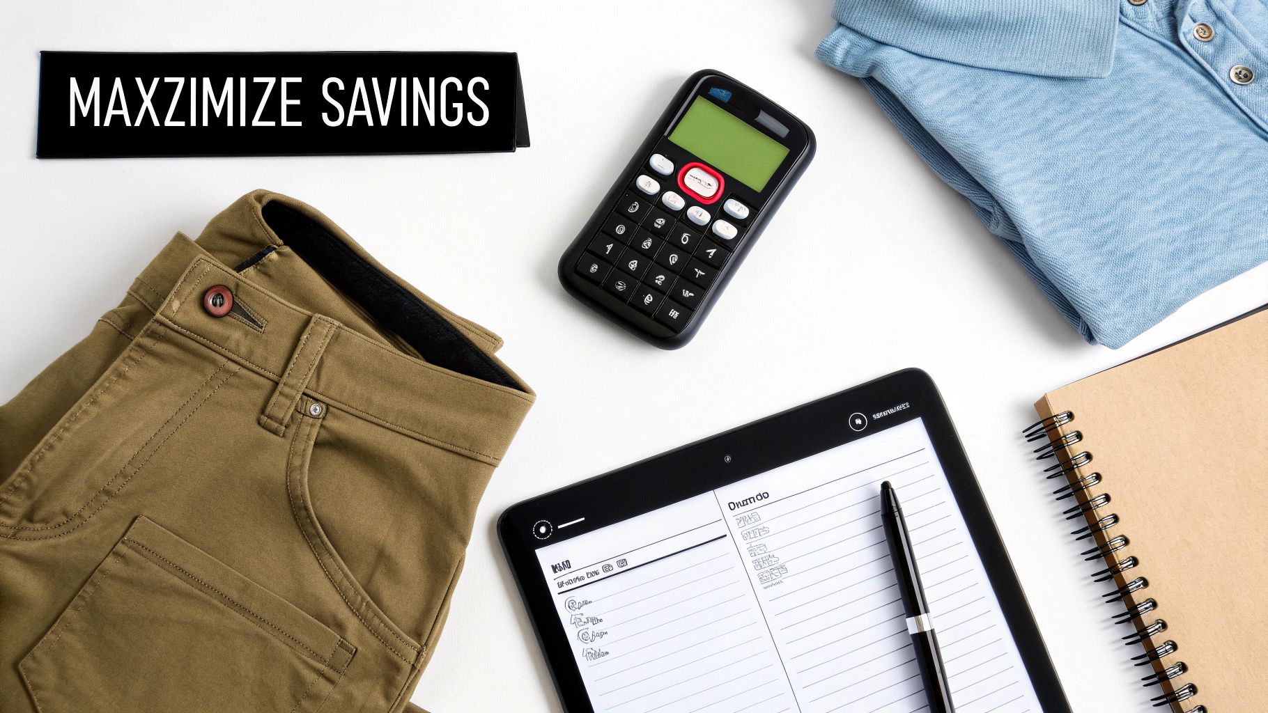 A flat lay of financial planning tools, clothes, and a sign displaying 'MAXZIMIZE SAVINGS'.