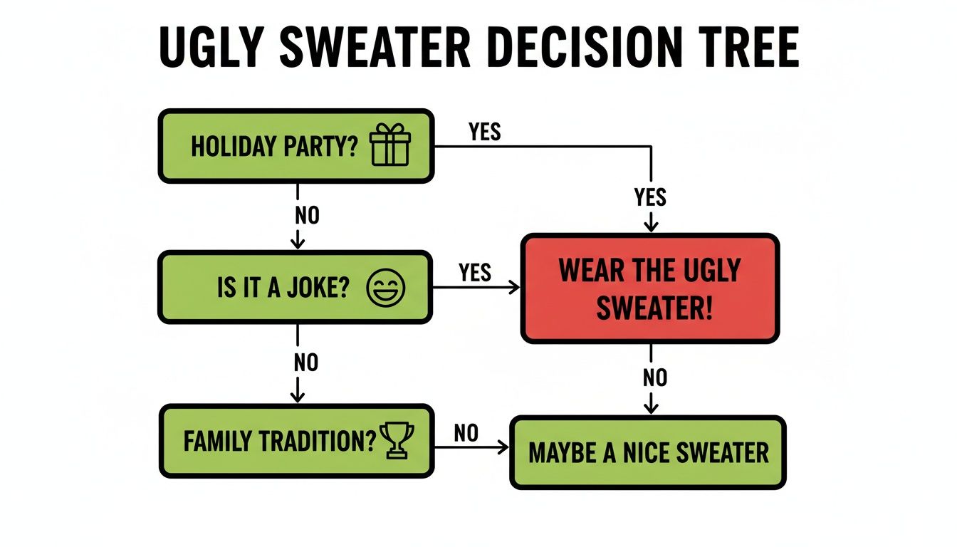 A decision tree flow chart providing guidance on when to wear an ugly sweater for various occasions.