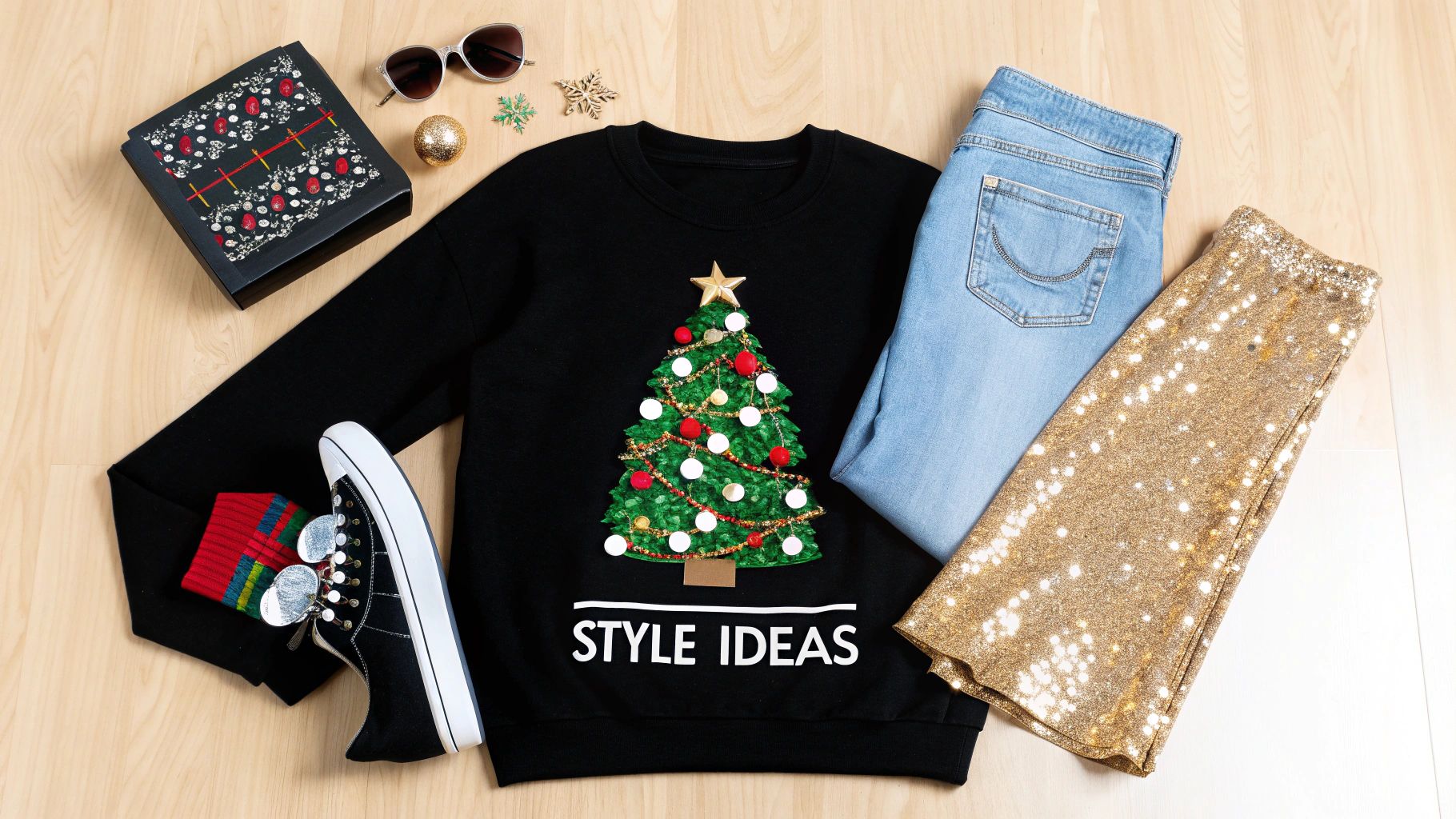 A flat lay of Christmas outfit ideas, featuring an ugly sweater, jeans, sequin pants, and accessories.