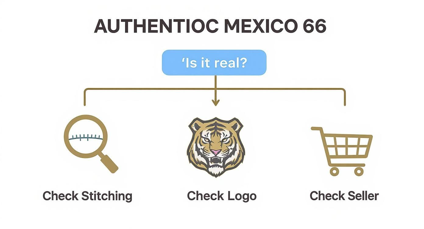 Flowchart explaining how to authenticate Onitsuka Tiger Mexico 66 shoes by checking stitching, logo, and seller.