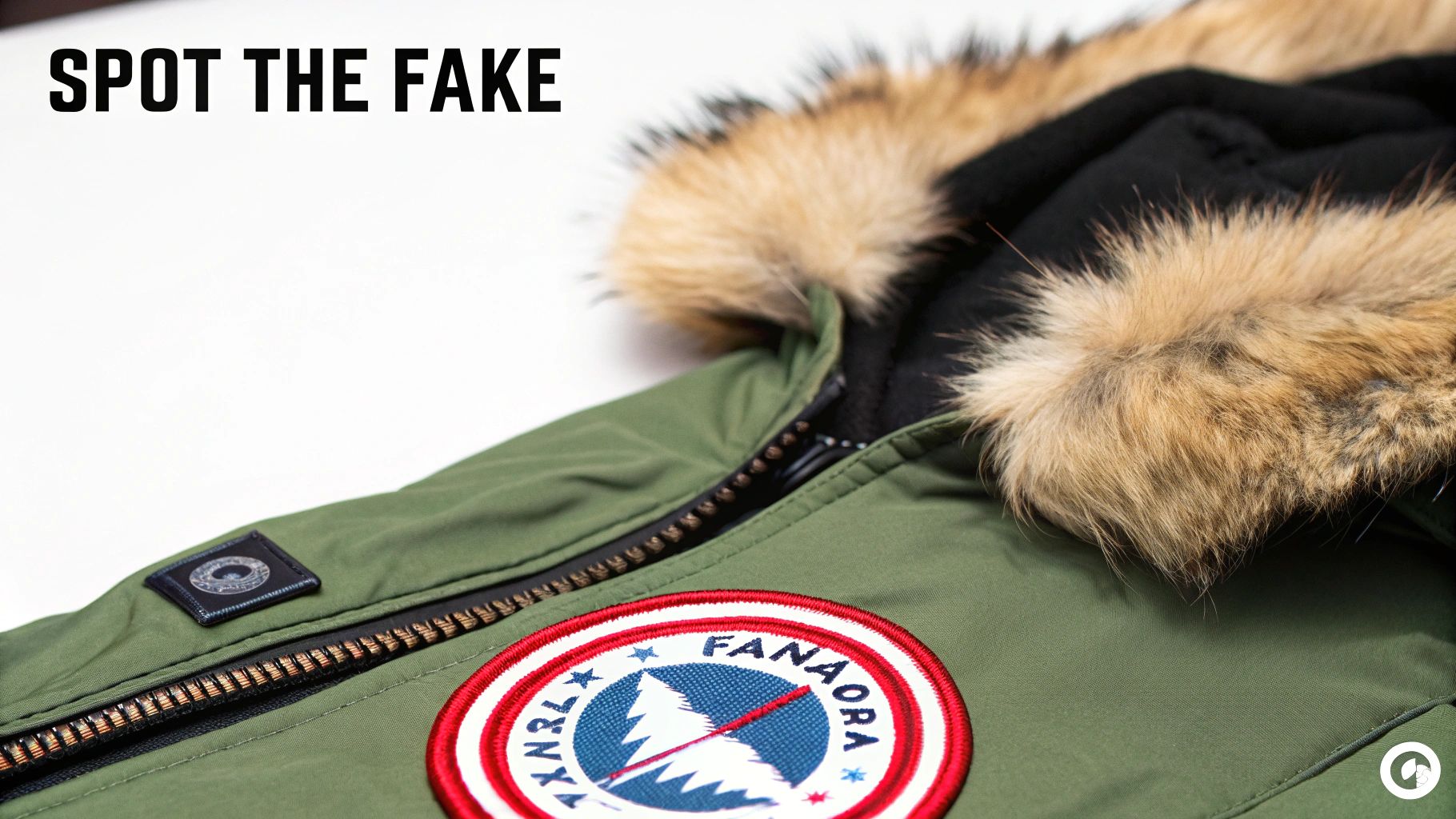 Close-up of a green winter jacket with a fur-lined hood and embroidered patches, for spotting fakes.