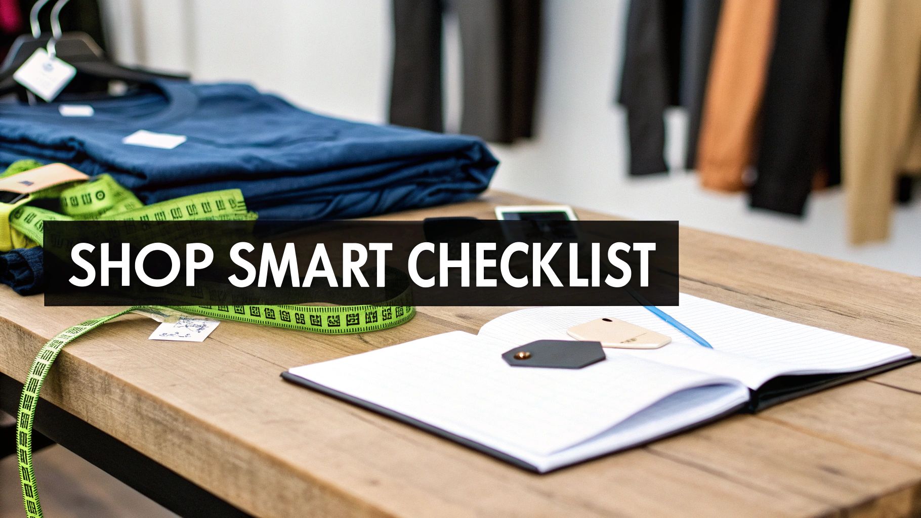A 'Shop Smart Checklist' banner over a table with folded clothes, a measuring tape, and a notebook.