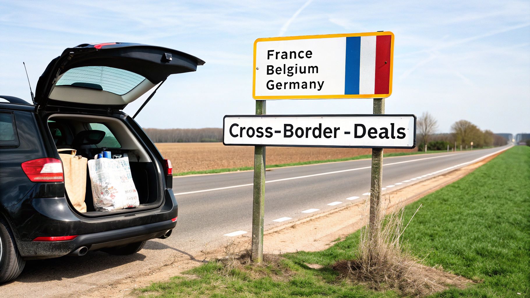 Black car with open trunk and shopping bags, parked next to 'France Belgium Germany' and 'Cross-Border-Deals' signs.