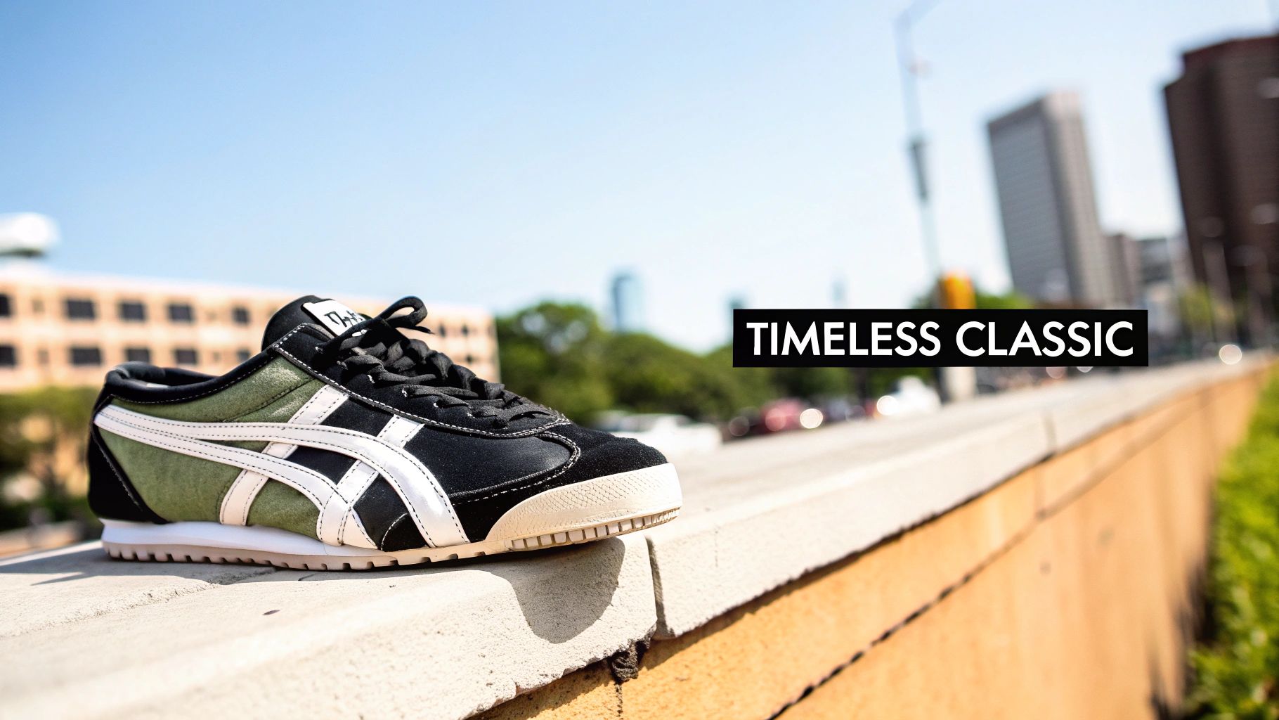 A black and olive green Onitsuka Tiger Mexico 66 sneaker rests on a concrete ledge with a blurred city background.