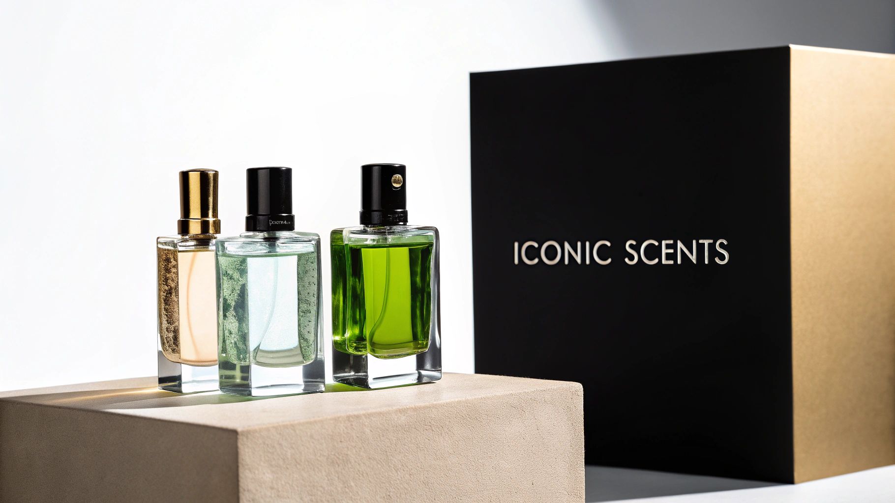 Three elegant perfume bottles in gold, blue, and green, displayed with a black 'ICONIC SCENTS' box.
