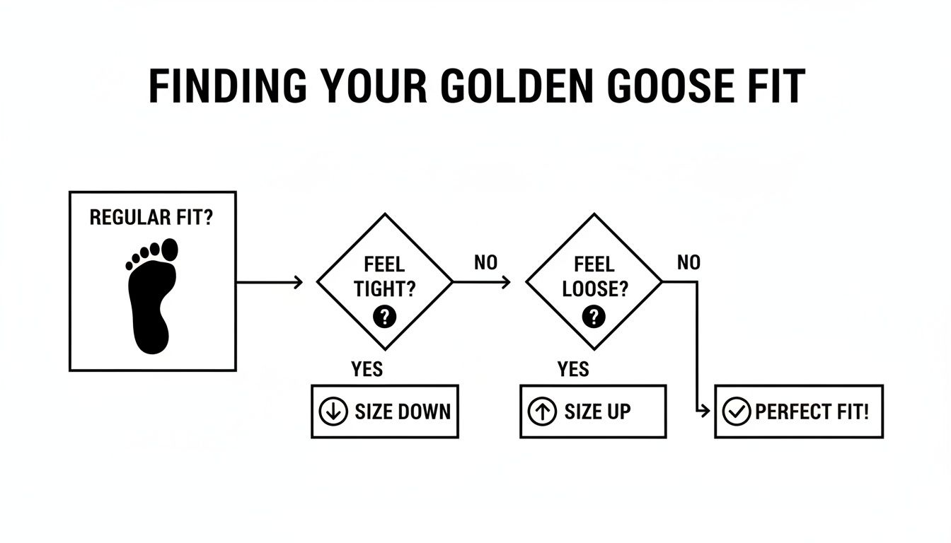 A flowchart guiding users on finding the perfect Golden Goose sneaker fit based on tightness or looseness.