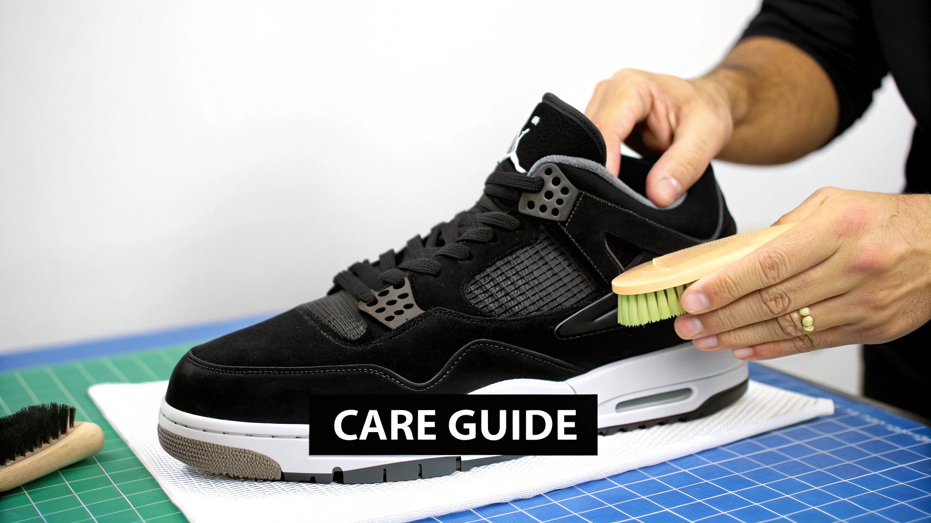 A person is cleaning a black Air Jordan 4 'Black Cat' sneaker with a brush as a care guide.