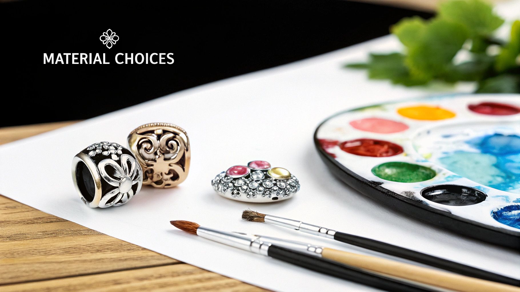 Elegant jewelry charms alongside paintbrushes and a colorful watercolor palette, highlighting material choices.