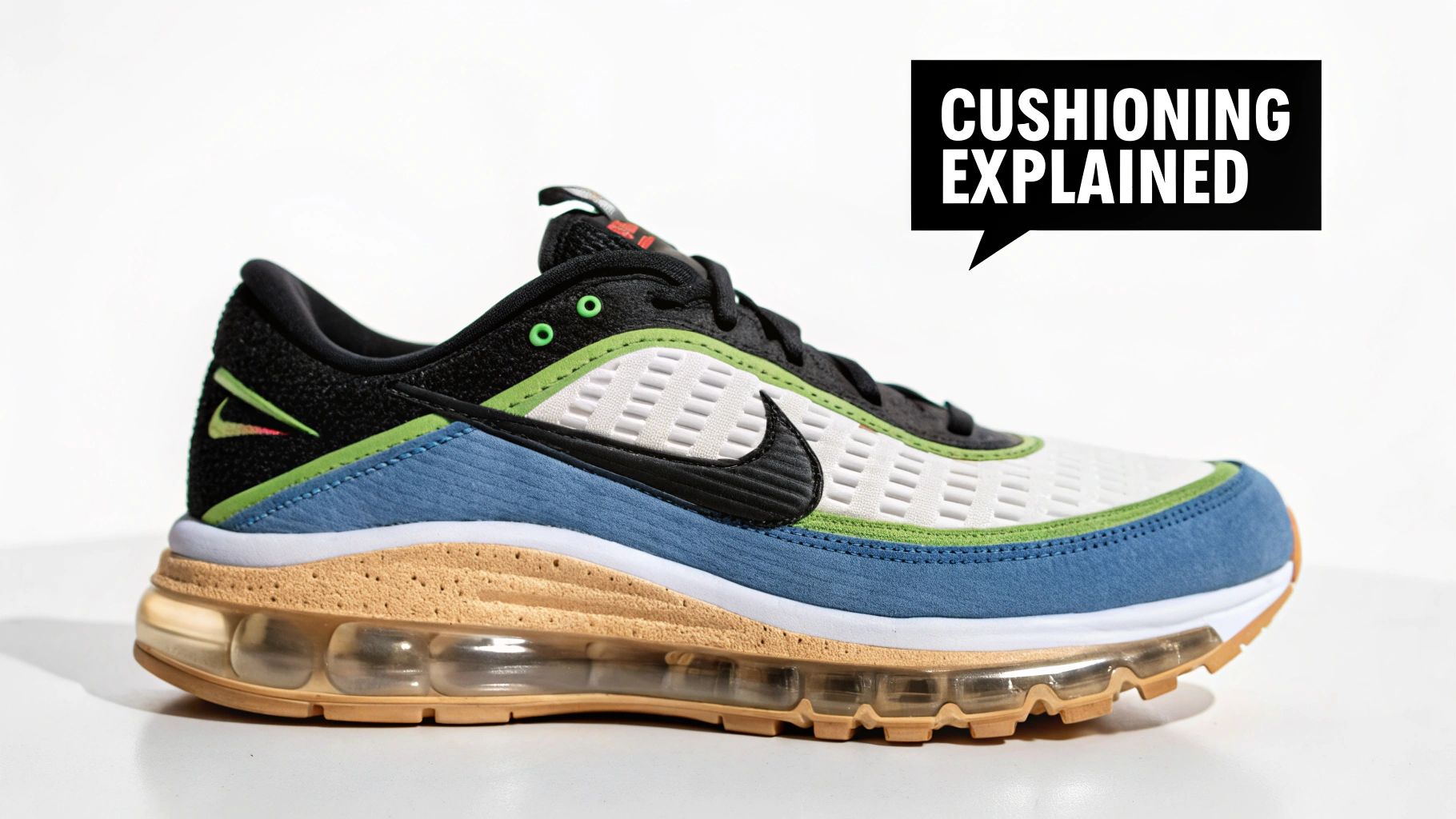 A colorful Nike running sneaker with visible Air Max cushioning and a speech bubble 'CUSHIONING EXPLAINED'.