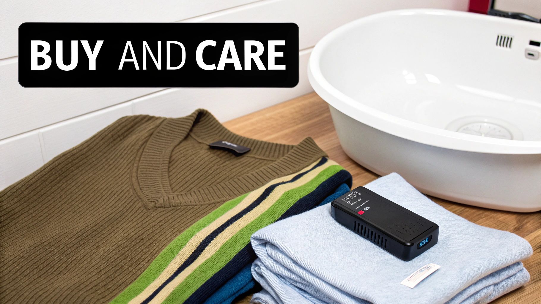 A black sign reading 'BUY AND CARE' hangs above sweaters, a lint remover, and a wash basin.