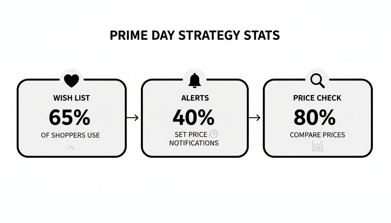 Prime Day strategy statistics: 65% of shoppers use wish lists, 40% set price notifications, and 80% compare prices.