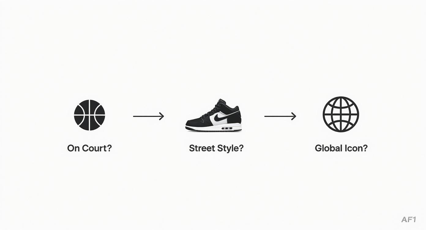 A diagram illustrating the journey of a Nike Air Force 1 sneaker from basketball court to global icon.