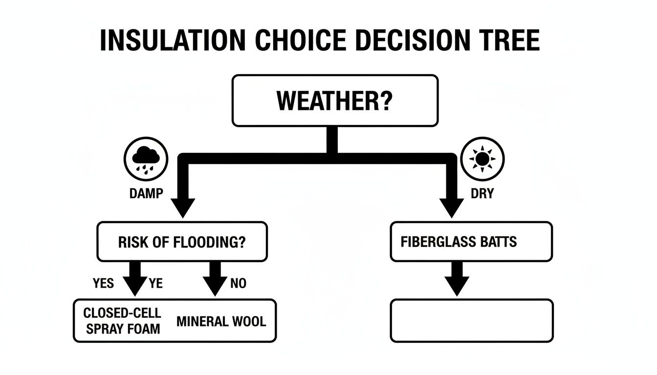 A decision tree diagram for insulation choice, guiding users based on weather conditions and flood risk.