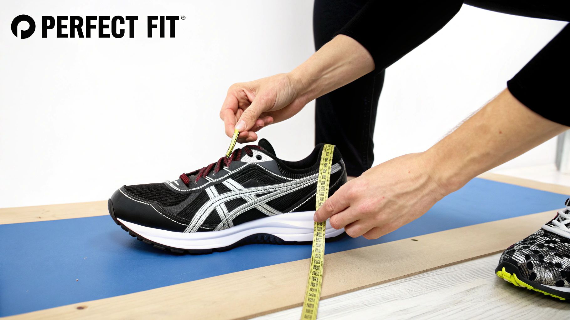 Person measuring a black Asics running shoe with a yellow tape measure on a blue mat.