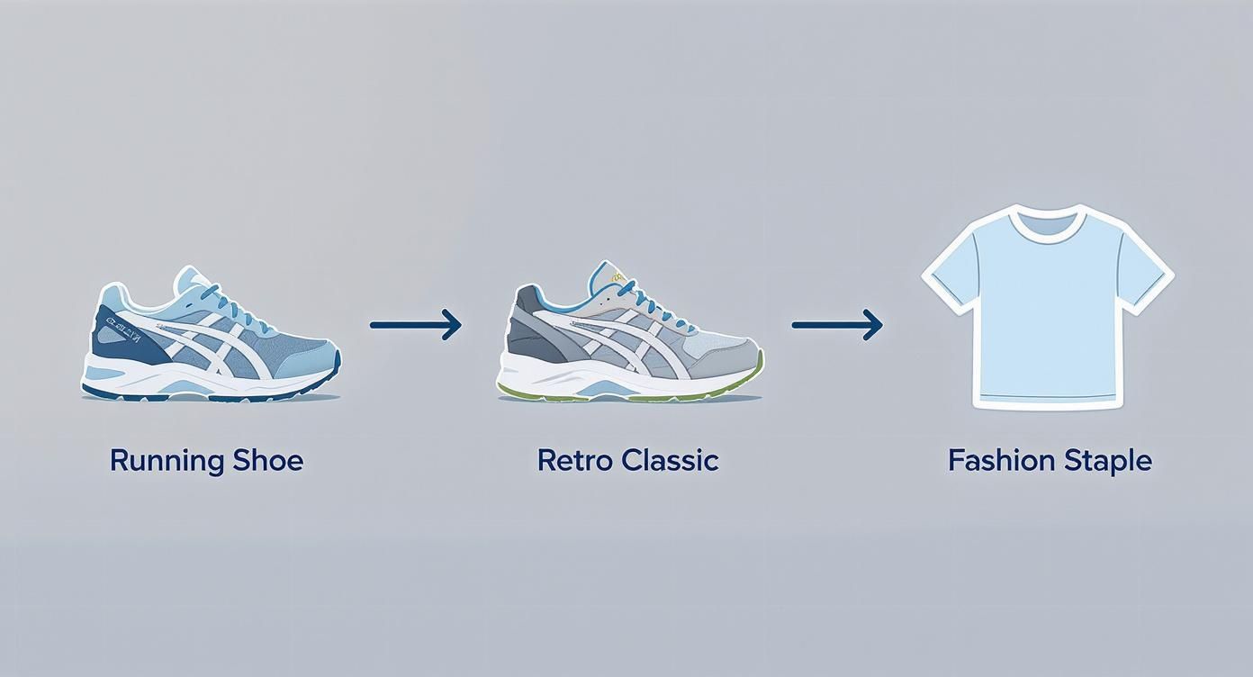 An illustration showing the evolution of an Asics running shoe to a retro classic sneaker and finally to a blue fashion staple t-shirt.
